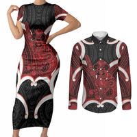 Whero Aotearoa Atua Tumatauenga Personalised Couples Matching Short Sleeve Bodycon Dress and Long Sleeve Button Shirt Maori God Of War Tiki With Taiaha LT14 Red - Polynesian Pride