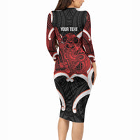 Whero Aotearoa Atua Tumatauenga Personalised Long Sleeve Bodycon Dress Maori God Of War Tiki With Taiaha LT14 - Polynesian Pride