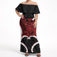 Whero Aotearoa Atua Tumatauenga Personalised Off Shoulder Maxi Dress Maori God Of War Tiki With Taiaha
