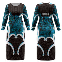 Kikorangi Aotearoa Atua Tumatauenga Personalised Couples Matching Long Sleeve Bodycon Dress and Long Sleeve Button Shirt Maori God Of War Tiki With Taiaha LT14 - Polynesian Pride