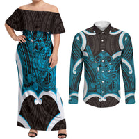 Kikorangi Aotearoa Atua Tumatauenga Personalised Couples Matching Off Shoulder Maxi Dress and Long Sleeve Button Shirt Maori God Of War Tiki With Taiaha