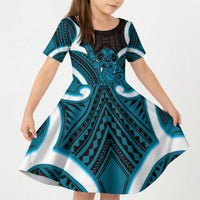 Kikorangi Aotearoa Atua Tumatauenga Personalised Kid Short Sleeve Dress Maori God Of War Tiki With Taiaha LT14 KID Blue - Polynesian Pride