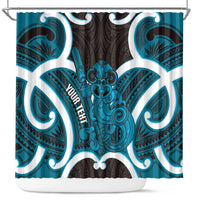 Kikorangi Aotearoa Atua Tumatauenga Personalised Shower Curtain Maori God Of War Tiki With Taiaha LT14 Blue - Polynesian Pride