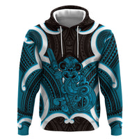 Kikorangi Aotearoa Atua Tumatauenga Personalised Zip Hoodie Maori God Of War Tiki With Taiaha LT14 Pullover Hoodie Blue - Polynesian Pride