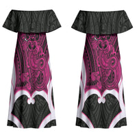 Mawhero Aotearoa Atua Tumatauenga Personalised Couples Matching Off Shoulder Maxi Dress and Long Sleeve Button Shirt Maori God Of War Tiki With Taiaha