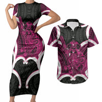 Mawhero Aotearoa Atua Tumatauenga Personalised Couples Matching Short Sleeve Bodycon Dress and Hawaiian Shirt Maori God Of War Tiki With Taiaha LT14 Pink - Polynesian Pride