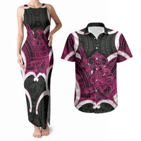 Mawhero Aotearoa Atua Tumatauenga Personalised Couples Matching Tank Maxi Dress and Hawaiian Shirt Maori God Of War Tiki With Taiaha LT14 Pink - Polynesian Pride