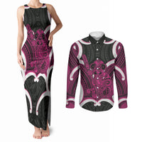 Mawhero Aotearoa Atua Tumatauenga Personalised Couples Matching Tank Maxi Dress and Long Sleeve Button Shirt Maori God Of War Tiki With Taiaha LT14 Pink - Polynesian Pride
