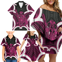 Mawhero Aotearoa Atua Tumatauenga Personalised Family Matching Off Shoulder Short Dress and Hawaiian Shirt Maori God Of War Tiki With Taiaha LT14 - Polynesian Pride