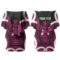 Mawhero Aotearoa Atua Tumatauenga Personalised Family Matching Off Shoulder Short Dress and Hawaiian Shirt Maori God Of War Tiki With Taiaha LT14 Mom's Dress Pink - Polynesian Pride