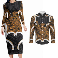Karaka Aotearoa Atua Tumatauenga Personalised Couples Matching Long Sleeve Bodycon Dress and Long Sleeve Button Shirt Maori God Of War Tiki With Taiaha LT14 Orange - Polynesian Pride