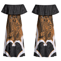 Karaka Aotearoa Atua Tumatauenga Personalised Couples Matching Off Shoulder Maxi Dress and Hawaiian Shirt Maori God Of War Tiki With Taiaha LT14 - Polynesian Pride