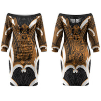 Karaka Aotearoa Atua Tumatauenga Personalised Couples Matching Off The Shoulder Long Sleeve Dress and Hawaiian Shirt Maori God Of War Tiki With Taiaha LT14 - Polynesian Pride