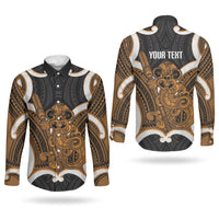 Karaka Aotearoa Atua Tumatauenga Personalised Couples Matching Short Sleeve Bodycon Dress and Long Sleeve Button Shirt Maori God Of War Tiki With Taiaha LT14 - Polynesian Pride