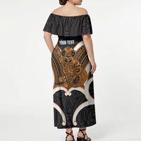 Karaka Aotearoa Atua Tumatauenga Personalised Off Shoulder Maxi Dress Maori God Of War Tiki With Taiaha
