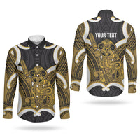 Kowhai Aotearoa Atua Tumatauenga Personalised Couples Matching Off Shoulder Maxi Dress and Long Sleeve Button Shirt Maori God Of War Tiki With Taiaha LT14 - Polynesian Pride