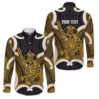 Kowhai Aotearoa Atua Tumatauenga Personalised Family Matching Tank Maxi Dress and Hawaiian Shirt Maori God Of War Tiki With Taiaha LT14 Dad's Shirt - Long Sleeve Yellow - Polynesian Pride