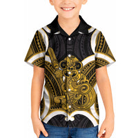 Kowhai Aotearoa Atua Tumatauenga Personalised Kid Hawaiian Shirt Maori God Of War Tiki With Taiaha LT14 Kid Yellow - Polynesian Pride