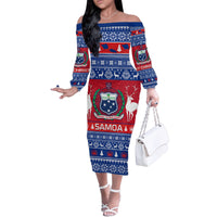 Personalised Samoa Christmas Family Matching Off Shoulder Long Sleeve Dress and Hawaiian Shirt Samoan Coat Of Arms Manuia Le Kirisimas LT14 Mom's Dress Blue - Polynesian Pride