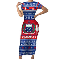 Personalised Samoa Christmas Family Matching Short Sleeve Bodycon Dress and Hawaiian Shirt Samoan Coat Of Arms Manuia Le Kirisimas LT14 Mom's Dress Blue - Polynesian Pride