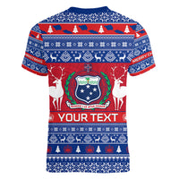 Personalised Samoa Christmas Women V Neck T Shirt Samoan Coat Of Arms Manuia Le Kirisimas LT14 - Polynesian Pride