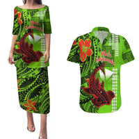 Personalised Hawaii Christmas Couples Matching Puletasi Dress and Hawaiian Shirt Mele Kalikimaka Kakau Polynesian Shark Tattoo LT14 Green - Polynesian Pride