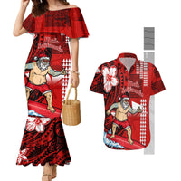Personalised Hawaii Christmas Couples Matching Mermaid Dress and Hawaiian Shirt Mele Kalikimaka Surfing Santa Claus LT14 Red - Polynesian Pride