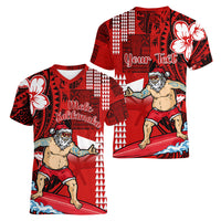 Personalised Hawaii Christmas Women V Neck T Shirt Mele Kalikimaka Surfing Santa Claus LT14 - Polynesian Pride