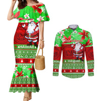 Personalised Hawaii Christmas Couples Matching Mermaid Dress and Long Sleeve Button Shirts Mele Kalikimaka Hawaiian Santa Tropical Vibes LT14 Red - Polynesian Pride