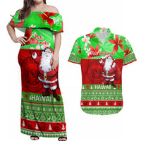 Personalised Hawaii Christmas Couples Matching Off Shoulder Maxi Dress and Hawaiian Shirt Mele Kalikimaka Hawaiian Santa Tropical Vibes LT14 Red - Polynesian Pride