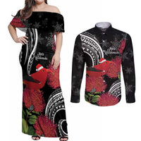 Personalized Mele Kalikimaka Hawaii Couples Matching Off Shoulder Maxi Dress and Long Sleeve Button Shirt I'iwi Bird With Ohia Lehua - Black Color LT14 Black - Polynesian Pride
