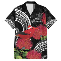 Personalized Mele Kalikimaka Hawaii Family Matching Off Shoulder Short Dress and Hawaiian Shirt I'iwi Bird With Ohia Lehua - Black Color