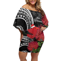 Personalized Mele Kalikimaka Hawaii Family Matching Off Shoulder Short Dress and Hawaiian Shirt I'iwi Bird With Ohia Lehua - Black Color