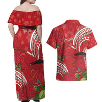Personalized Mele Kalikimaka Hawaii Couples Matching Off Shoulder Maxi Dress and Hawaiian Shirt I'iwi Bird With Ohia Lehua - Red Color