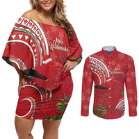Personalized Mele Kalikimaka Hawaii Couples Matching Off Shoulder Short Dress and Long Sleeve Button Shirt I'iwi Bird With Ohia Lehua - Red Color LT14 Red - Polynesian Pride