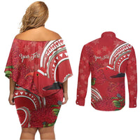 Personalized Mele Kalikimaka Hawaii Couples Matching Off Shoulder Short Dress and Long Sleeve Button Shirt I'iwi Bird With Ohia Lehua - Red Color LT14 - Polynesian Pride
