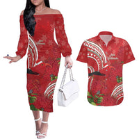 Personalized Mele Kalikimaka Hawaii Couples Matching Off The Shoulder Long Sleeve Dress and Hawaiian Shirt I'iwi Bird With Ohia Lehua - Red Color LT14 Red - Polynesian Pride