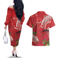 Personalized Mele Kalikimaka Hawaii Couples Matching Off The Shoulder Long Sleeve Dress and Hawaiian Shirt I'iwi Bird With Ohia Lehua - Red Color LT14 - Polynesian Pride