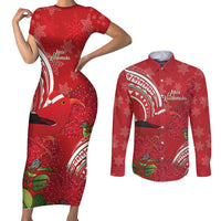 Personalized Mele Kalikimaka Hawaii Couples Matching Short Sleeve Bodycon Dress and Long Sleeve Button Shirt I'iwi Bird With Ohia Lehua - Red Color LT14 Red - Polynesian Pride