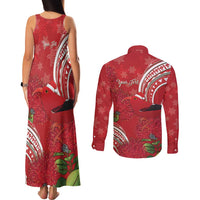 Personalized Mele Kalikimaka Hawaii Couples Matching Tank Maxi Dress and Long Sleeve Button Shirt I'iwi Bird With Ohia Lehua - Red Color LT14 - Polynesian Pride