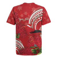 Personalized Mele Kalikimaka Hawaii Rugby Jersey I'iwi Bird With Ohia Lehua - Red Color