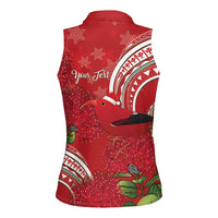 Personalized Mele Kalikimaka Hawaii Women Sleeveless Polo Shirt I'iwi Bird With Ohia Lehua - Red Color