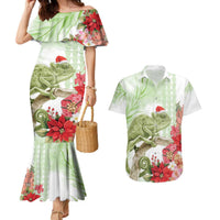 Pastel Green Hawaii Chameleon Christmas Couples Matching Mermaid Dress and Hawaiian Shirt Mele Kalikimaka Kakau - Watercolor LT14 Green - Polynesian Pride