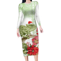 Pastel Green Hawaii Chameleon Christmas Long Sleeve Bodycon Dress Mele Kalikimaka Kakau - Watercolor LT14 Long Dress Green - Polynesian Pride