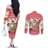 Hawaii Christmas Six Seven Couples Matching Off The Shoulder Long Sleeve Dress and Long Sleeve Button Shirt Mele Kalikimaka Funny Santa 67 Gen Alpha Slang - Polynesian Pride