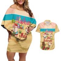 Aloha Hawaii Mele Kalikimaka Couples Matching Off Shoulder Short Dress and Hawaiian Shirt Beachy Funny Santa Hawaiian Lei - Polynesian Pride
