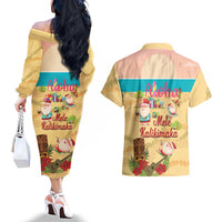 Aloha Hawaii Mele Kalikimaka Couples Matching Off The Shoulder Long Sleeve Dress and Hawaiian Shirt Beachy Funny Santa Hawaiian Lei LT14 - Polynesian Pride