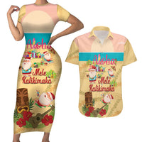 Aloha Hawaii Mele Kalikimaka Couples Matching Short Sleeve Bodycon Dress and Hawaiian Shirt Beachy Funny Santa Hawaiian Lei LT14 Yellow - Polynesian Pride