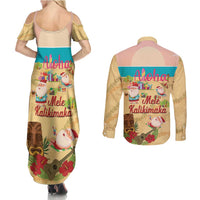 Aloha Hawaii Mele Kalikimaka Couples Matching Summer Maxi Dress and Long Sleeve Button Shirt Beachy Funny Santa Hawaiian Lei - Polynesian Pride
