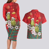 New Zealand Kakapo Christmas Couples Matching Long Sleeve Bodycon Dress and Hawaiian Shirt Owl Parrot Santa Sliver Fern Manuka - Red - Polynesian Pride